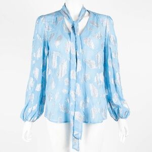 Rixo Blue Silver Thread Fern Top Blouse Long Sleeve Shirt